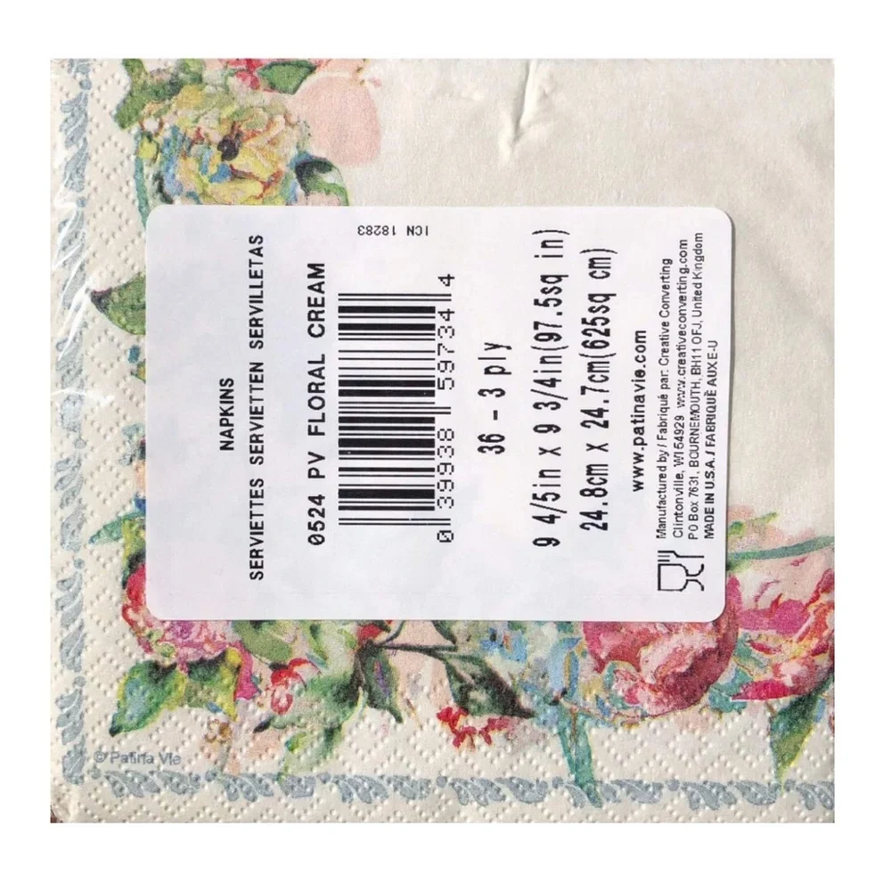 Patina Vie Floral Cream Paper Cocktail Beverage Napkins 36 ct